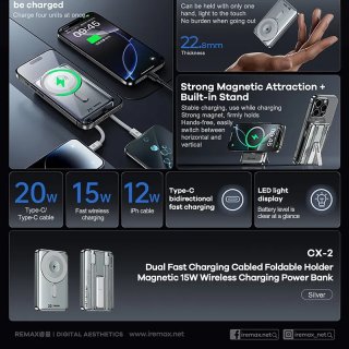 Remax Magnetic CX-2 MagSafe Vezeték Nélküli Gyorstöltő Powerbank 10000mAh - Ezüst