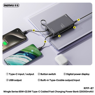 Remax Wingle Series RPP-87 Gyorstöltő Powerbank 20000 mAh - 65W