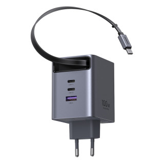 Ugreen X616 USB + USB-C Gyorstöltő GaN Hálózati Adapter Visszahúzható Kábellel 100W - Szürke