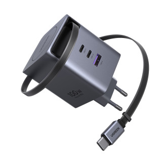 Ugreen X616 USB + USB-C Gyorstöltő GaN Hálózati Adapter Visszahúzható Kábellel 100W - Szürke