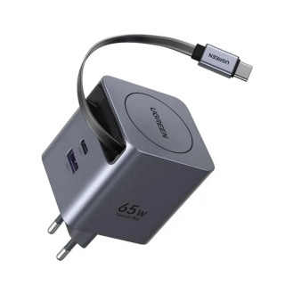 Ugreen X615 USB + USB-C Gyorstöltő GaN Hálózati Adapter Visszahúzható Kábellel 65W - Szürke
