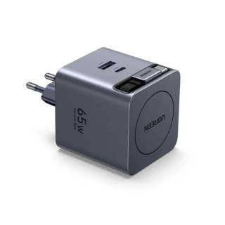 Ugreen X615 USB + USB-C Gyorstöltő GaN Hálózati Adapter Visszahúzható Kábellel 65W - Szürke