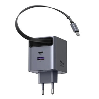 Ugreen X615 USB + USB-C Gyorstöltő GaN Hálózati Adapter Visszahúzható Kábellel 65W - Szürke