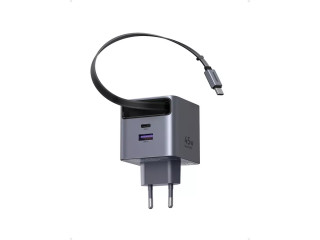 Ugreen X614 USB + USB-C Gyorstöltő GaN Hálózati Adapter Visszahúzható Kábellel 45W - Szürke
