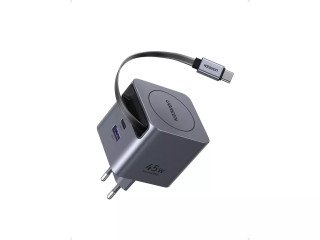Ugreen X614 USB + USB-C Gyorstöltő GaN Hálózati Adapter Visszahúzható Kábellel 45W - Szürke