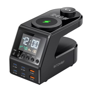 Blitzwolf BW-FW10 USB + USB-C Gyorstöltő Hálózati Adapter + Ébresztőóra töltővel 240W - Fekete
