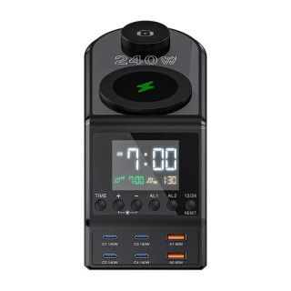 Blitzwolf BW-FW10 USB + USB-C Gyorstöltő Hálózati Adapter + Ébresztőóra töltővel 240W - Fekete