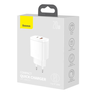 Baseus USB + USB-C Gyorstöltő Hálózati Adapter 20W - Fehér