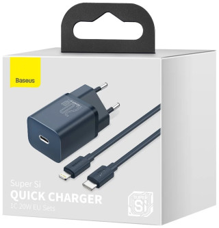 Baseus Super Si 1C Gyorstöltő Hálózati Adapter 20W + USB-C-Lightning kábel - Kék
