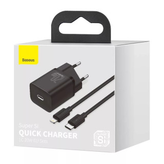 Baseus Super Si USB-C Gyorstöltő Hálózati Adapter 20W + USB-C-Lightning Kábel - Fekete