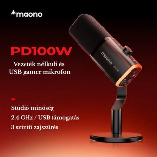 MAONO PD100WS Vezeték Nélküli Streamer Mikrofon RGB + Tartókar Kit- Fekete
