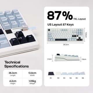 AULA F87 PRO V2 Vezeték Nélküli Mechanikus Gamer Billentyűzet - Fehér-Kék