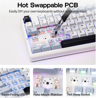 AULA F87 PRO V2 Vezeték Nélküli Mechanikus Gamer Billentyűzet - Fehér-Kék