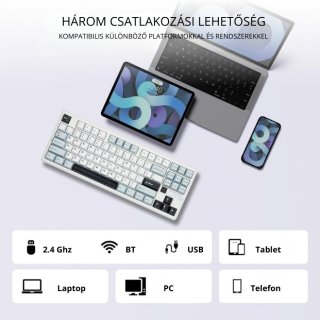 AULA F87 PRO V2 Vezeték Nélküli Mechanikus Gamer Billentyűzet - Fehér-Kék