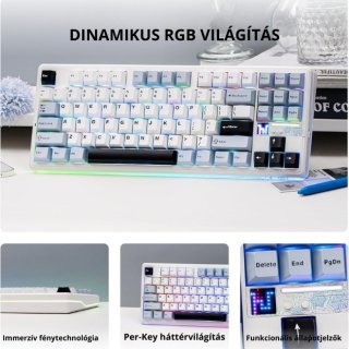 AULA F87 PRO V2 Vezeték Nélküli Mechanikus Gamer Billentyűzet - Fehér-Kék