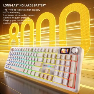 AULA F108 PRO Tri-Mode Vezeték Nélküli Mechanikus Gamer Billentyűzet - Sárga-Fehér