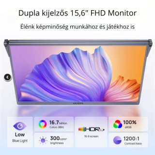 Arzopa E1 Dual Screen Összecsukható Két Kijelzős Hordozható Monitor - 15,6"