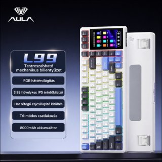 AULA L99 Tri-Mode Vezeték Nélküli Mechanikus Gamer Billentyűzet Érintőképernyővel - Fehér