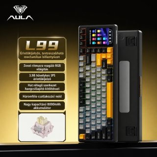 AULA L99 Tri-Mode Vezeték Nélküli Mechanikus Gamer Billentyűzet Érintőképernyővel - Fekete