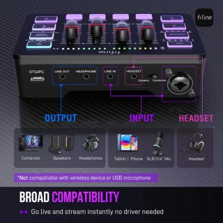 Fifine SC3 AmpliGame, 4-csatornás USB-s gamer audió keverő, fekete