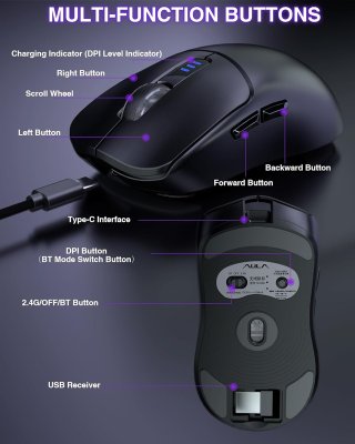 AULA SC580X Tri-Mode Vezeték Nélküli Gamer Egér - Fekete