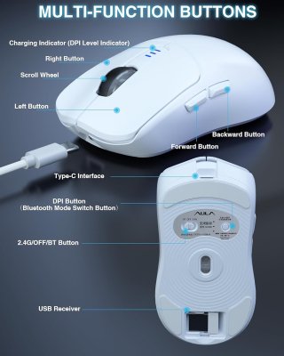 AULA SC580X Tri-Mode Vezeték Nélküli Gamer Egér - Fehér