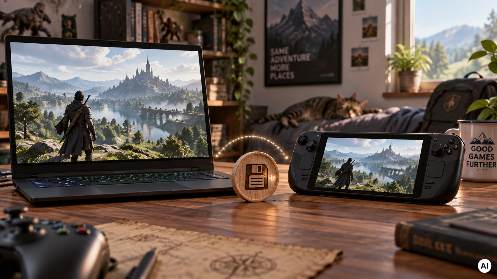 Laptop és kézikonzol azonos kalanddal – a haladás átvitelének illusztrációja