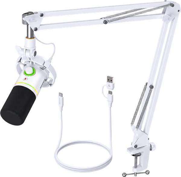 MAONO PD200XS USB Dynamic Streamer Mikrofon RGB + Tartókar Kit - Fehér