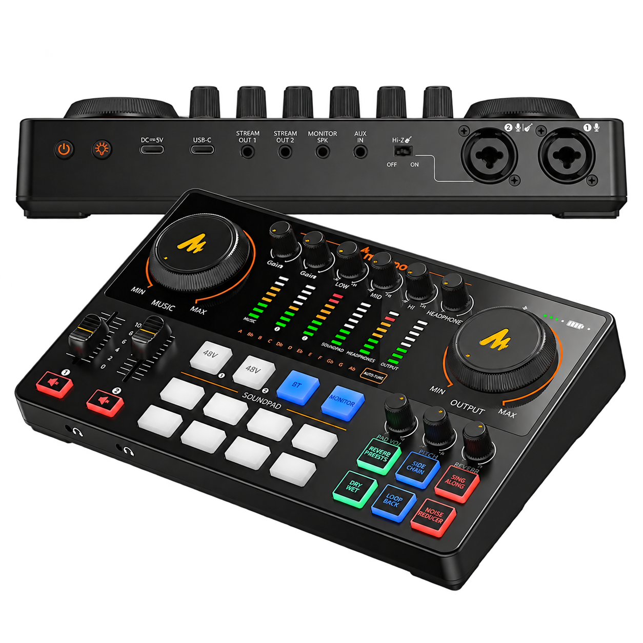 MAONOCASTER AME2 Gen2 hátlapi USB-C és audio csatlakozói közelről