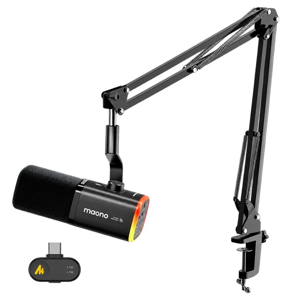 MAONO PD100WS Vezeték Nélküli Streamer Mikrofon RGB + Tartókar Kit- Fekete