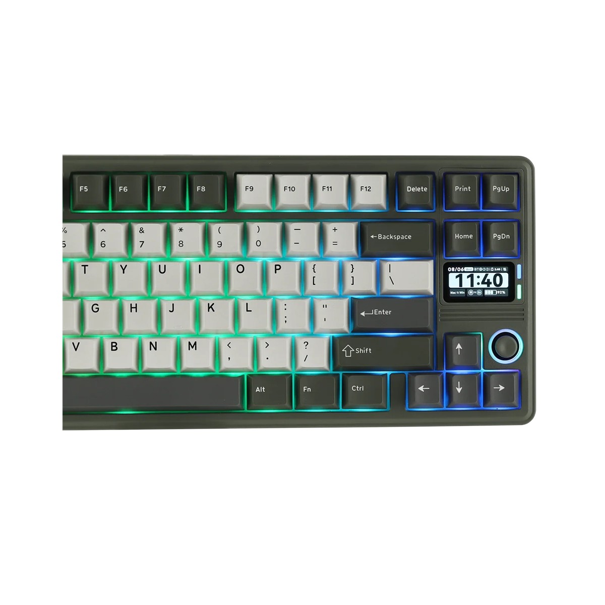 EPOMAKER RT85 Black kijelzője és joystickja a jobb oldali kupakok mellett