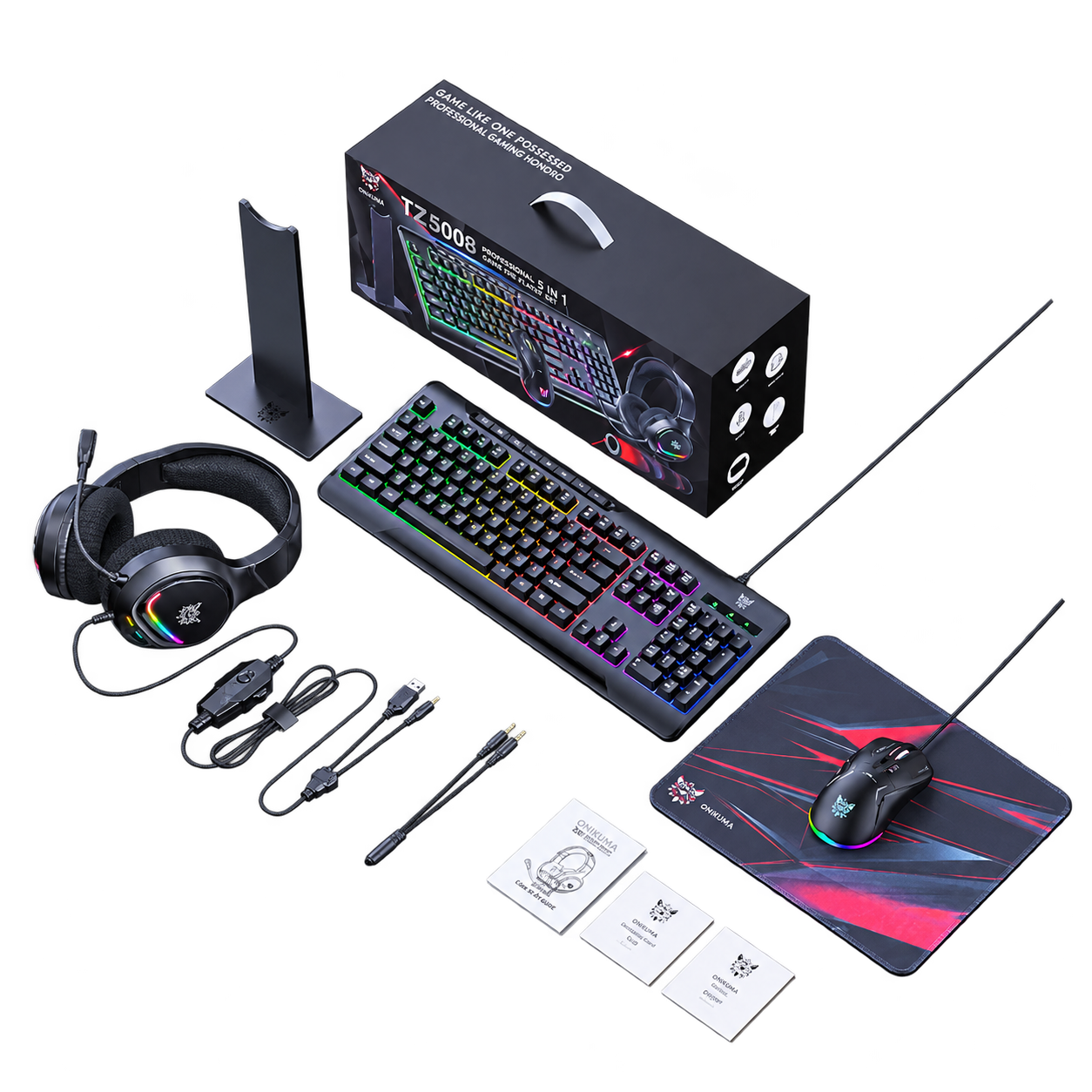 ONIKUMA TZ5008 öt részes gamer csomag: billentyűzet, egér, headset, állvány és egérpad