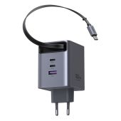 Ugreen X616 USB + USB-C Gyorstöltő GaN Hálózati Adapter Visszahúzható Kábellel 100W - Szürke