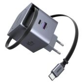 Ugreen X615 USB + USB-C Gyorstöltő GaN Hálózati Adapter Visszahúzható Kábellel 65W - Szürke