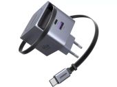 Ugreen X614 USB + USB-C Gyorstöltő GaN Hálózati Adapter Visszahúzható Kábellel 45W - Szürke - Hálózati töltő adapter