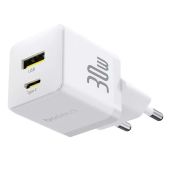 Baseus GaN3 30W hálózati töltő, USB-A, USB-C, 30W, gyorstöltés, fehér