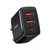 Baseus Compact hálózati gyorstöltő 30W, 2x USB-A, 1x USB-C, Power Delivery, Quick Charge, fekete
