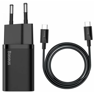 Baseus Super Si Quick Charger 1C 25W EU hálózati töltő, USB-C-ről USB-C-re kábellel, 1m, fekete