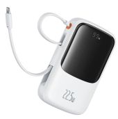 Baseus Qpow Pro+ Powerbank, 10000 mAh, 22.5W, gyorstöltés, beépített USB-C kábel, fehér
