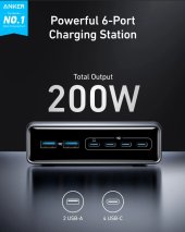 Anker Prime 200W 6-Port GaN asztali töltő, ezüst, 200W, 4x USB-C, 2x USB-A, GaN